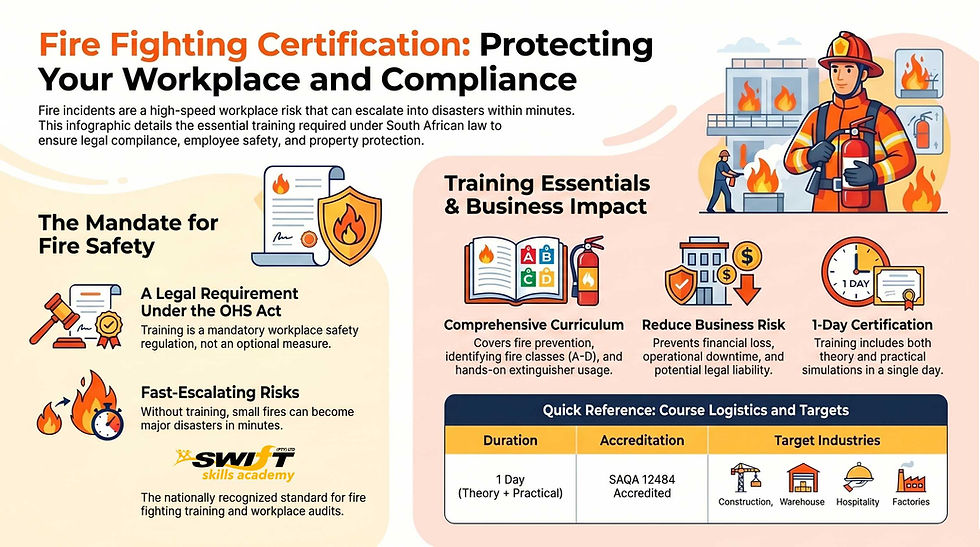 "Accredited Fire Fighting Course Cape Town (SAQA 12484) by Swift Skills Academy South Africa’s definitive OHS Act compliance training for workplace safety, audit readiness, and strategic B-BBEE skills development."
