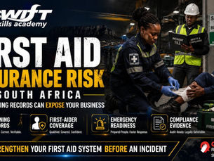 "First Aid insurance risk South Africa hero image by Swift Skills Academy featuring QCTO First Aid Training SP‑230801 workplace emergency response. The visual emphasizes training records, first‑aider coverage, and compliance evidence required for South African employers."