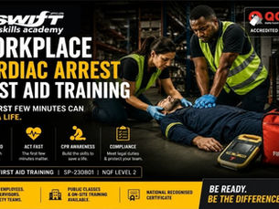 "Workplace cardiac arrest first aid training image by Swift Skills Academy highlighting CPR awareness and emergency response readiness. The visual promotes QCTO First Aid Training SP‑230801 for South African employers, supervisors, and safety teams in Cape Town."