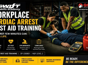 "Workplace cardiac arrest first aid training image by Swift Skills Academy highlighting CPR awareness and emergency response readiness. The visual promotes QCTO First Aid Training SP‑230801 for South African employers, supervisors, and safety teams in Cape Town."