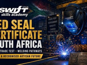 "Red Seal Certificate South Africa welding pathway image by Swift Skills Academy featuring a South African welder in industrial training. The visual represents ARPL assessments, trade test preparation, artisan recognition, and career‑focused welding development in Cape Town."
