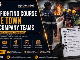 On-site fire fighting training Cape Town — company teams completing practical extinguisher drills, workplace fire safety skills and accredited courses with Swift Skills Academy