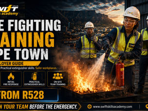 "Cape Town fire fighting training hero image featuring South African employees engaged in supervised practical extinguisher drills with Table Mountain in the background. The visual highlights workplace fire‑response skills, legal compliance awareness, and corporate on‑site team training, while promoting Swift Skills Academy’s accredited courses starting from R528."