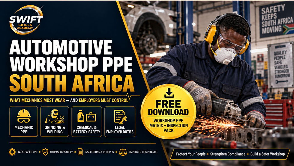 South African automotive workshop team wearing protective equipment while servicing a vehicle, handling a battery and grinding metal, illustrating PPE requirements for mechanics and employers.