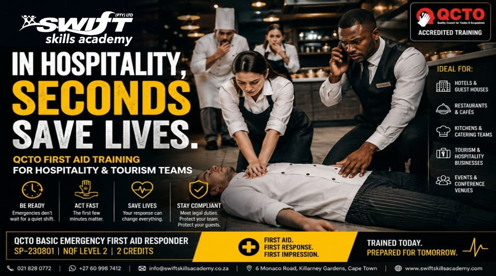 "QCTO First Aid training for hospitality Cape Town hero image by Swift Skills Academy showing hotel, restaurant and tourism staff responding to a workplace emergency with CPR awareness, Basic Emergency First Aid Responder SP-230801 training and guest safety readiness for South African hospitality employers."