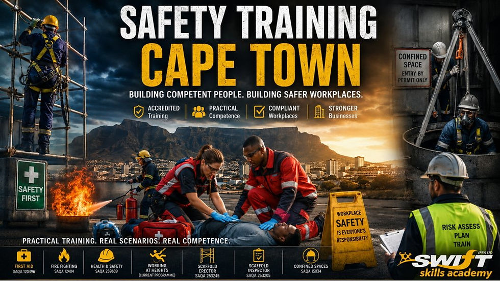 "Safety training Cape Town at Swift Skills Academy showing South African workers completing practical first aid, basic fire fighting, workplace health and safety, working-at-heights, scaffold-erector, scaffold-inspector and confined-space training selected through employer risk assessments, current programme requirements and verified provider scope."
