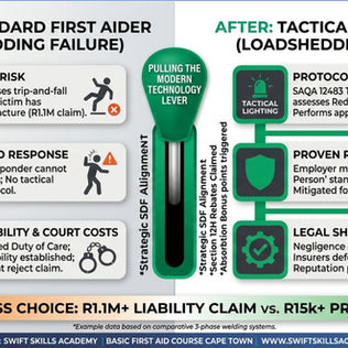 Infographic visualization of the R1.1M liability death-spiral from an untrained first aider failing during a loadshedding trip-and-fall incident, promoting specialized First Aid Level 1 Course Cape Town with tactical lighting protocols.