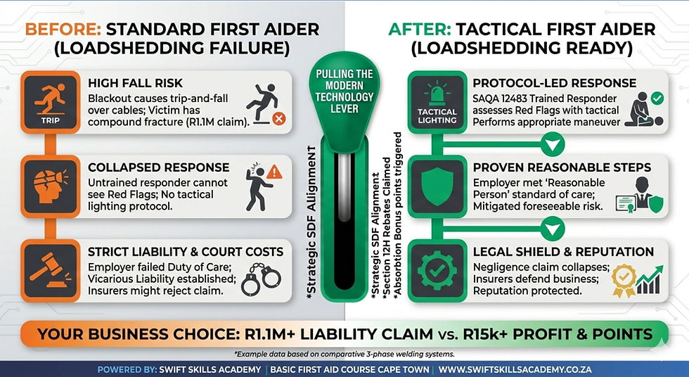 Infographic visualization of the R1.1M liability death-spiral from an untrained first aider failing during a loadshedding trip-and-fall incident, promoting specialized First Aid Level 1 Course Cape Town with tactical lighting protocols.