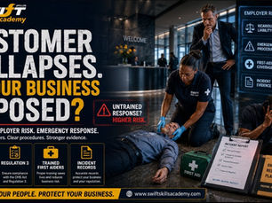 "Inside a Cape Town business, a customer collapses and is immediately assisted by trained first‑aid responders. Management steps in to coordinate emergency services while ensuring Regulation 3 compliance, accurate incident reporting, and employer risk control. The scene underscores the principle of vicarious liability in South Africa—where executive oversight, certified workplace first aid, and proactive risk management converge to protect both people and business continuity."