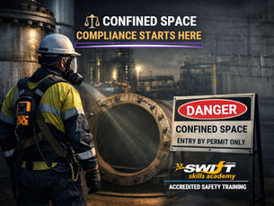 "Industrial worker in PPE performing air testing near confined space entry permit sign – accredited safety training Cape Town South Africa"