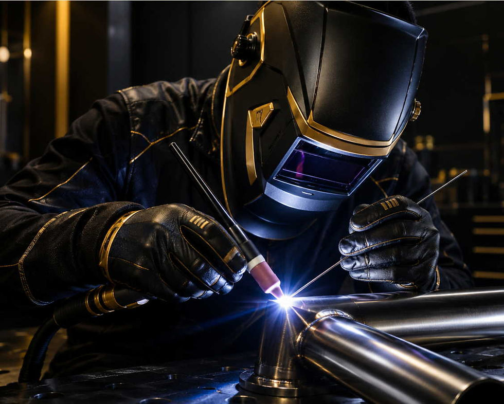 Welder performing precision TIG welding on stainless steel pipework during practical GTAW training at Swift Skills Academy in Cape Town.