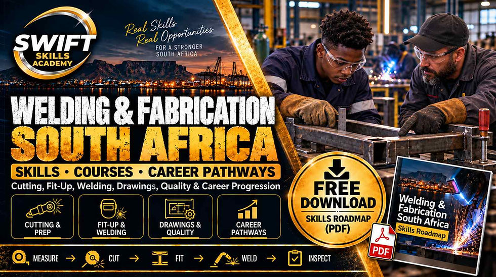 Learner and instructor completing practical welding and fabrication training in South Africa with steel fit-up, measurement, welding and workshop skills.
