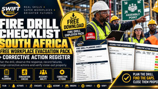 South Africa workplace fire drill checklist covering evacuation planning, Fire Warden accountability, corrective actions, and free employer PDF pack from Swift Skills Academy in Cape Town