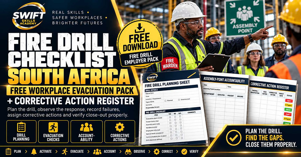 Fire drill checklist South Africa showing workplace evacuation planning, Fire Warden accountability, corrective actions and free employer PDF pack