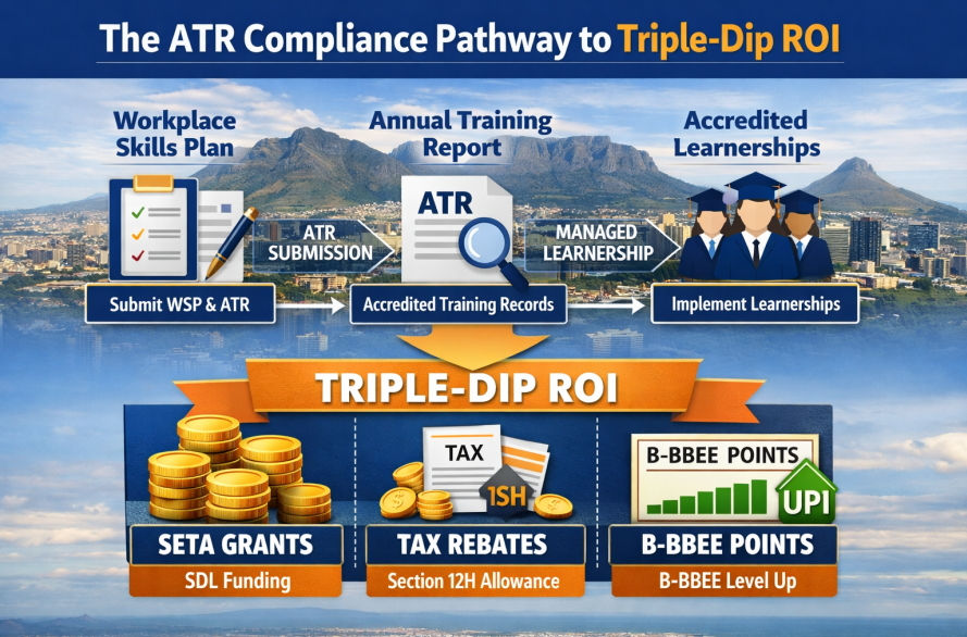 “Infographic titled ‘The ATR Compliance Pathway to Triple-Dip ROI’ showing a flow from Workplace Skills Plan (WSP) to Annual Training Report (ATR) to Accredited Learnerships. Each stage includes icons and action labels: WSP with a checklist and ‘Submit WSP & ATR,’ ATR with a document and ‘Accredited Training Records,’ and Learnerships with graduates and ‘Implement Learnerships.’ Below, a Triple-Dip ROI section highlights SETA Grants with stacked coins, Section 12H Tax Rebates with a tax document, and B-BBEE Points with a scorecard and upward arrow. Table Mountain and Cape Town cityscape form the background.”