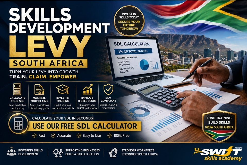 "skills development levy South Africa SDL calculation 1 percent payroll SETA funding BEE skills development credits workplace skills plan calculator Cape Town training compliance Swift Skills Academy"