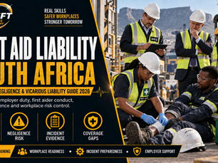 South African workplace first aid liability scene with trained first aider assisting injured employee as CEO and SHEQ manager evaluate employer negligence, incident evidence, and risk compliance.
