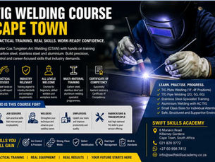 A TIG welding learner undergoing hands‑on GTAW practical training on carbon steel, stainless steel, aluminium, and pipe at Swift Skills Academy’s Killarney Gardens campus in Cape Town.