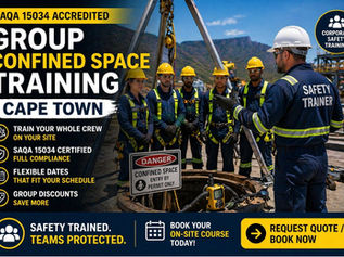 "Group confined space training Cape Town SAQA 15034 – on‑site accredited course for teams of industrial workers with safety trainer oversight. Workers enter confined spaces equipped with harness, PPE, and gas detector under supervisor monitoring for OHSA compliance, corporate safety certification, and workplace risk management in South Africa."