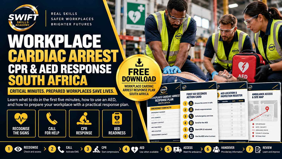 Workplace cardiac arrest response guide in South Africa, highlighting emergency recognition, CPR techniques, AED readiness, and structured workplace planning for sudden cardiac arrest compliance.