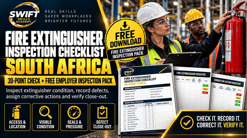 Fire extinguisher inspection checklist South Africa — 30 workplace safety checks covering access, visible condition, seals, pressure, defect tracking and free employer inspection pack in Cape Town