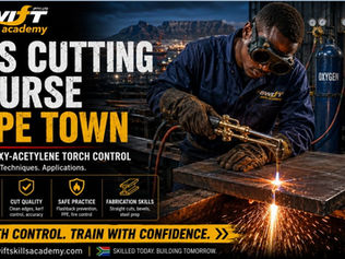 "At Swift Skills Academy in Cape Town, South African learners receive supervised oxy‑acetylene gas cutting training on mild‑steel plate with full compliance to safety standards. Oxygen and acetylene cylinders are securely mounted with regulators, flashback arrestors, shaded eye protection, and flame‑resistant PPE. Under expert guidance, learners develop safe equipment setup, preheating techniques, cutting‑oxygen control, torch angle precision, travel speed consistency, and cut‑quality inspection skills. This accredited programme builds technical competence and workplace readiness, aligning with South Africa’s compliance frameworks and industry demand for skilled cutters and welders."