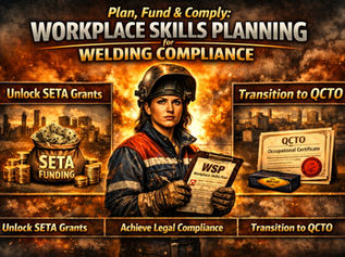 ‘Workplace Skills Planning (WSP) for Welding Compliance in South Africa’. A determined female welder holds a clipboard labeled ‘WSP Workplace Skills Plan’ with checklists. Panels around her read: ‘Unlock SETA Grants’ with funding bag, ‘Achieve Legal Compliance’ with scales of justice and OHSA law book, and ‘Transition to QCTO’ with certificate and Red Seal. Industrial background with sparks and fiery glow.”