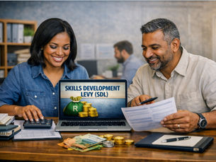 "Employers in South Africa calculating payroll and Skills Development Levy South Africa compliance, using a calculator and reviewing documents with SDL displayed on a laptop screen."