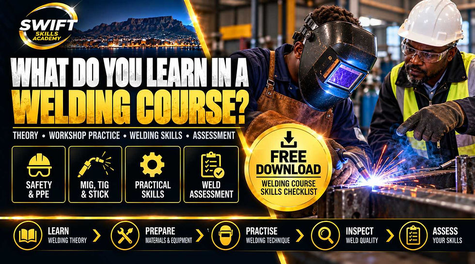 Welding course in Cape Town, South Africa, showing a learner receiving practical welding instruction at Swift Skills Academy, covering workshop safety, MIG, TIG and Stick welding, equipment preparation, welding techniques and skills assessment.