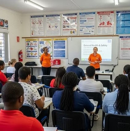 "Interactive Basic Health & Safety induction training at Swift Skills Academy in Killarney Gardens, Cape Town (6 Monaco Road); two female instructors in orange tops presenting general health and safety principles on projector to diverse group of learners, with wall posters on hazards, PPE, housekeeping, first aid, and emergencies, fire extinguisher visible—1-day blended theory and practical session (discussions, case studies, videos) for SAQA Unit Standard 259639 'Explain basic health and safety principles in and around the workplace' NQF Level 2, 4 Credits, MerSETA accredited, covering employer/employee duties, hazard identification, PPE use, good housekeeping, and emergency procedures"