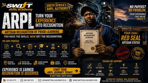 "Swift Skills Academy shows experienced tradespeople how to convert workplace experience into formal artisan recognition. Through service letters, Portfolio of Evidence, gap analysis, targeted gap training, and trade test preparation, workers move onto the Red Seal pathway with full compliance support.  Our Cape Town ARPL enrolment delivers SAQA‑aligned recognition, accredited certification, and site‑ready compliance evidence, positioning artisans for career mobility, higher wages, and industrial authority."
