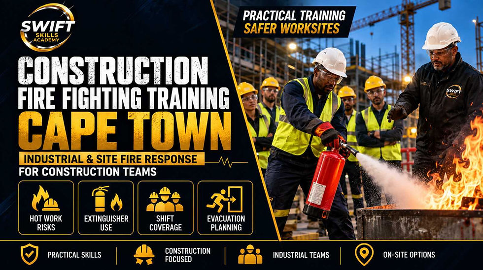 Construction fire fighting training Cape Town — industrial and site teams trained on hot work risks, extinguisher use, shift coverage and evacuation planning with accredited workplace safety programs in South Africa