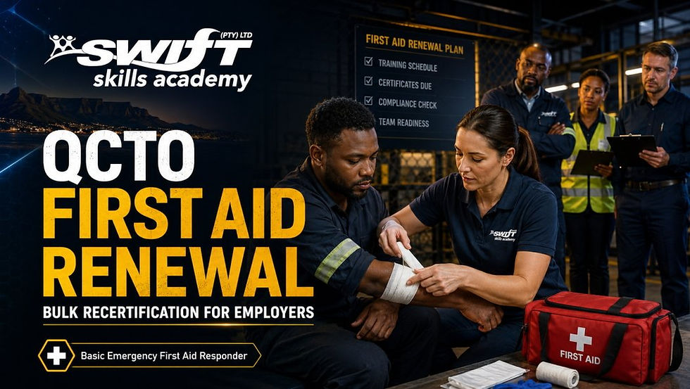 "Swift Skills Academy offers QCTO First Aid Renewal Training (SP‑230801) in Cape Town, with certified trainers guiding first aiders through employer‑required recertification while treating injured workers."