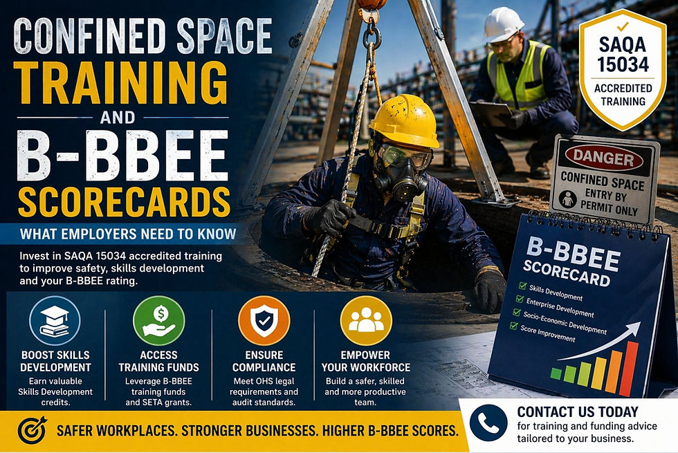 "confined space course Cape Town SAQA 15034 training workers entering confined space with PPE harness gas detector and supervisor linked to B-BBEE skills development credits workplace skills plan and corporate safety compliance South Africa"