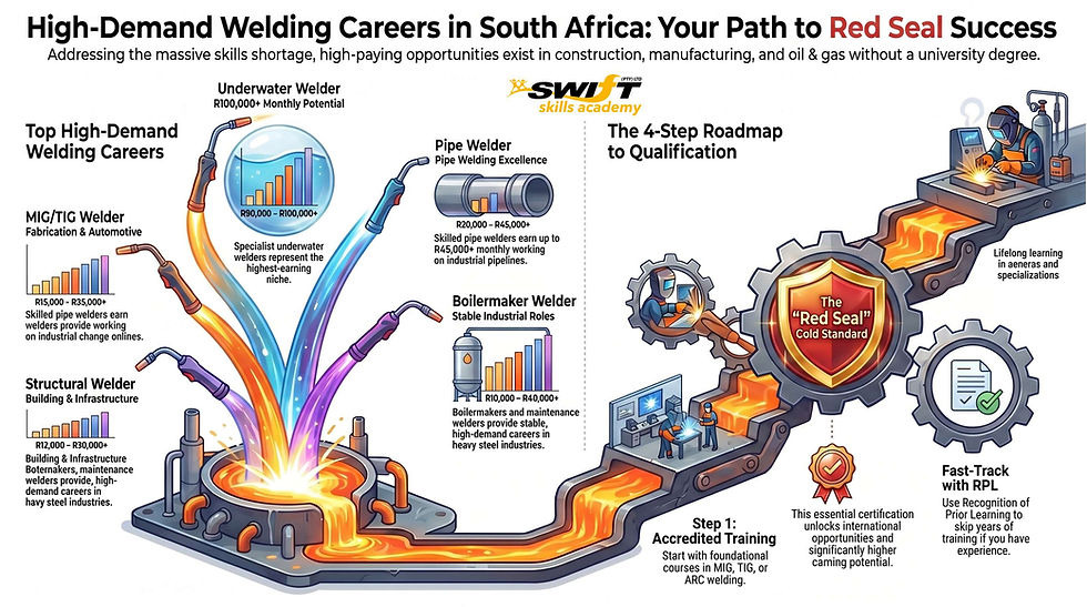 "Accredited welding training and Red Seal certification for high-paying welding jobs in South Africa, featuring specialized TIG, MIG, and pipe welding courses at Swift Skills Academy, the leading authority in trade skills, RPL, and B-BBEE compliance."