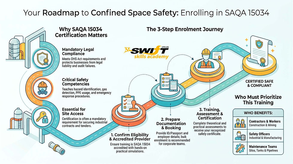 "Accredited SAQA 15034 Confined Space Course Cape Town at Swift Skills Academy The definitive OHSA compliance training for South African engineering firms, ensuring audit-ready safety certification and mandatory site access."