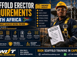 "Scaffold Erector Requirements South Africa guide showing the enrolment checklist learners and employers should prepare before booking scaffold training, including ID copy, literacy, maths readiness, physical fitness, medical fitness, PPE readiness, SAQA 263245, NQF Level 3, 5 credits, Working at Heights awareness and Cape Town scaffold training with Swift Skills Academy."