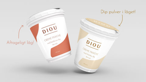 Produkt design af creme fraiche med dip pulver i et låg i toppen, altså to produkter i en emballage.