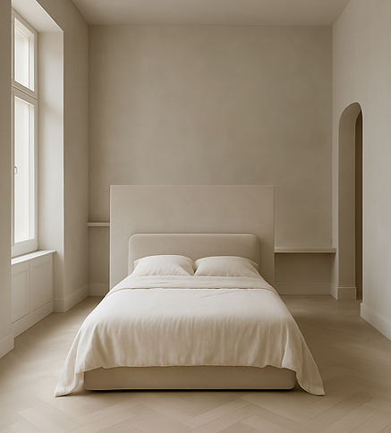 Microcement wall in bedroom with soft neutral colour palette