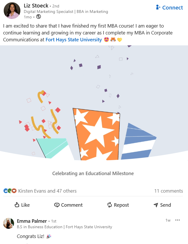 Celebratory post about finishing an MBA course. Includes confetti, colorful geometric shapes, and text "Celebrating an Educational Milestone."
