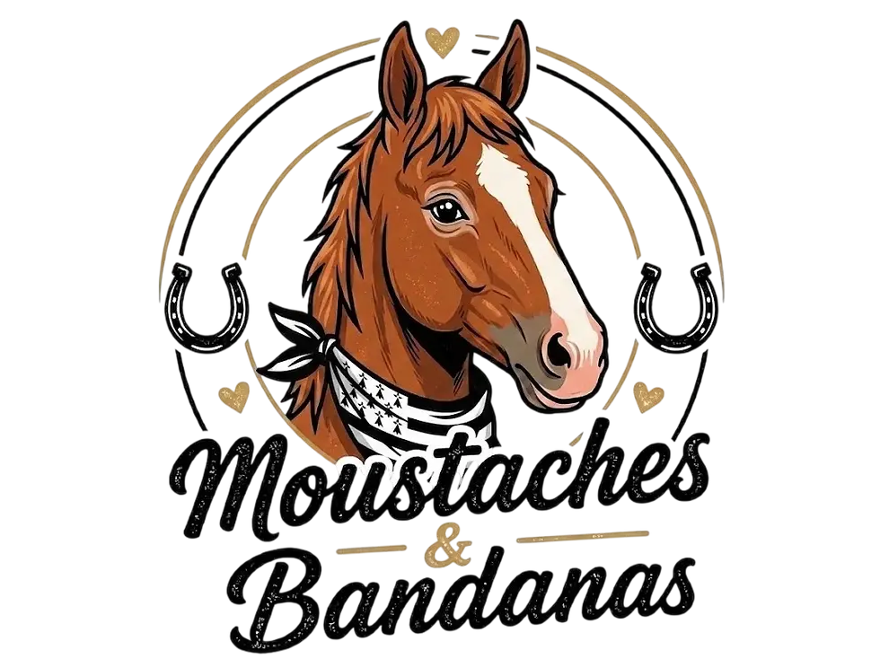 Digital illustration of a brown horse's head wearing a bandana, framed by horseshoes and hearts. The design incorporates the brand name 'Moustaches & Bandanas'.