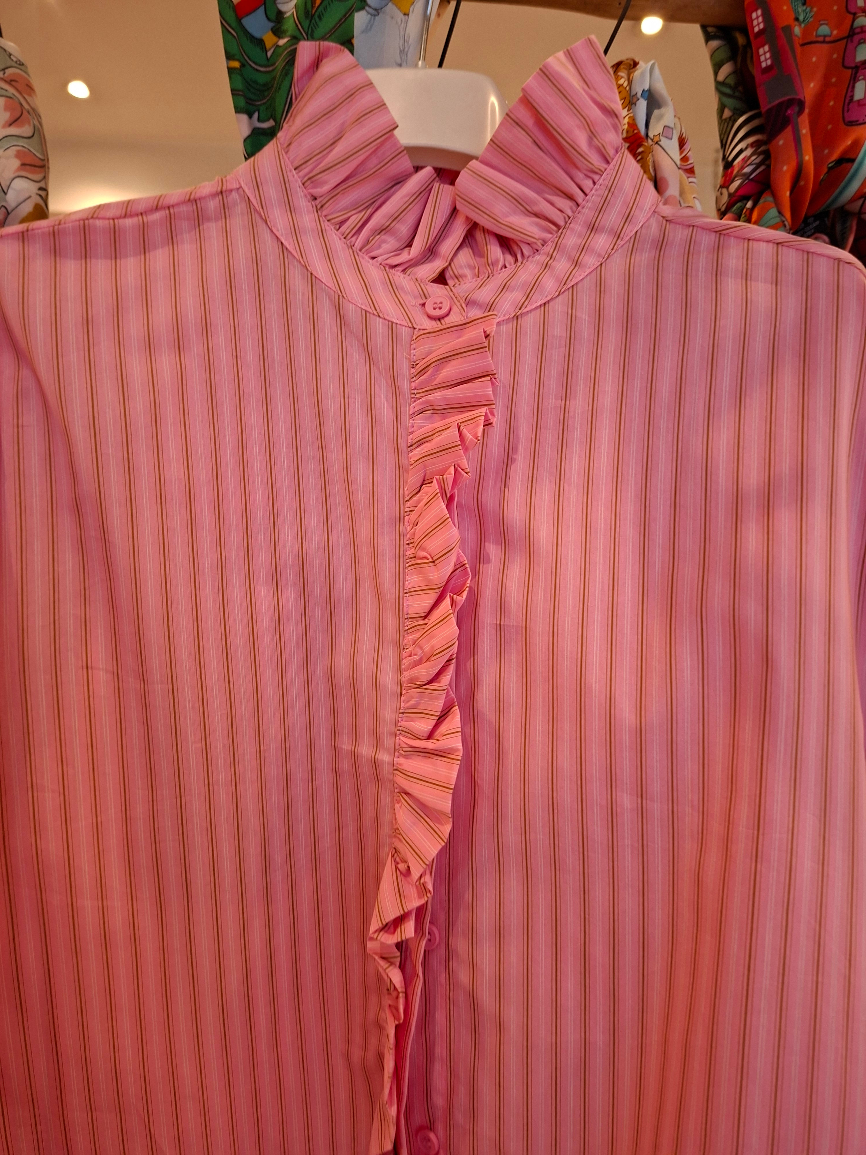 Chemise col volants  rayures roses