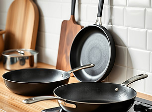 a few non stick pans on a nordic kitchen counter.jpg