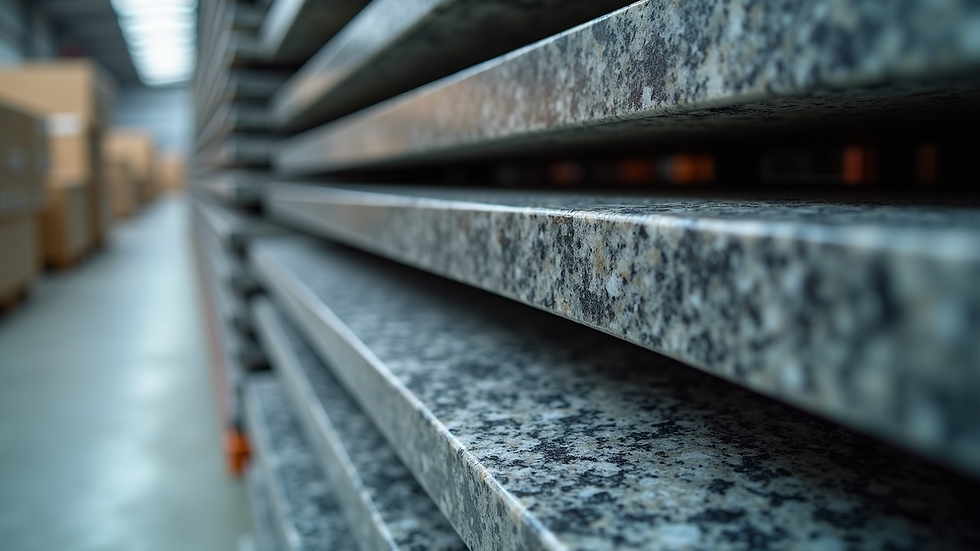 Close-up view of polished granite slabs stacked in a warehouse