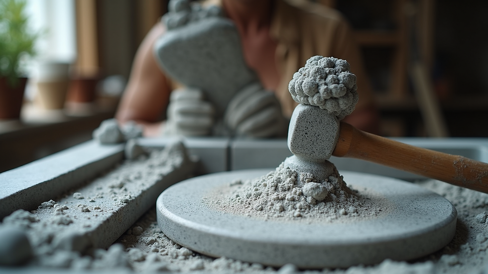Eye-level view of a granite sculpture in progress with chisels and hammer
