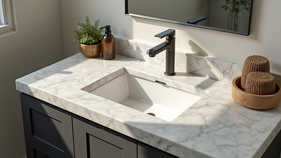 High angle view of bathroom vanity with marble countertop and modern fixtures