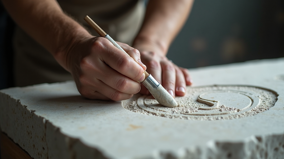 Close-up view of a sculptor carving a marble block