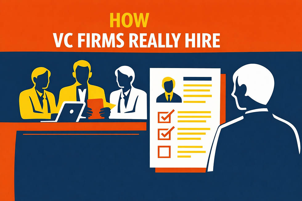 Illustration explaining how venture capital firms really hire, showing interview panels, resume screening, and candidate evaluation
