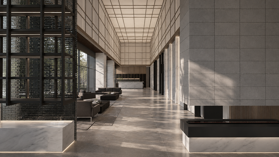 LOBBY double-height interior with architectural screens and natural light