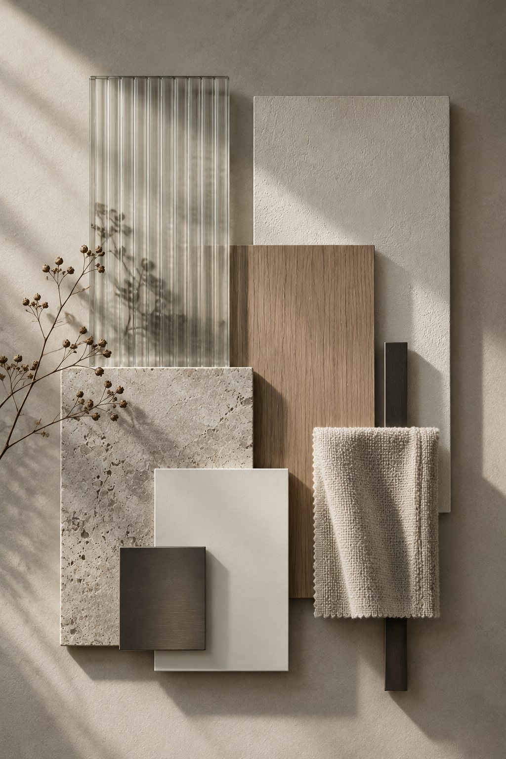 Material mood board with stone, timber and neutral interior references